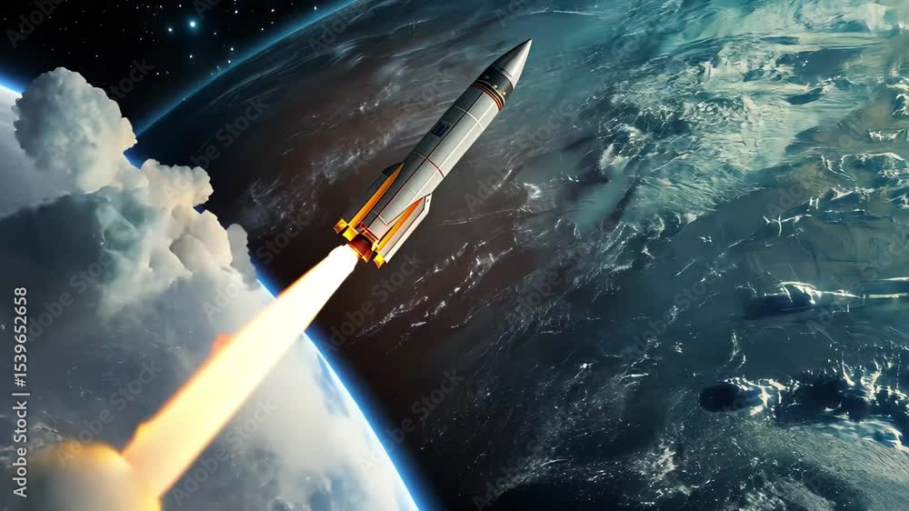 Poster rocket launch ascending through space with earth visible in the background, rocket launch on the spa