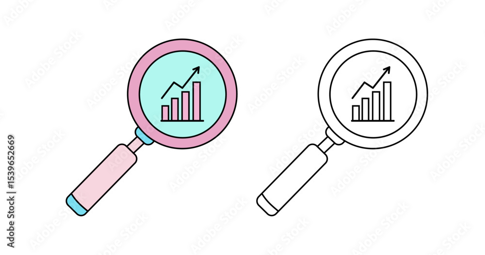 Poster outline and colored icons of a magnifying glass displaying a bar chart with an upward trend. perfect