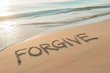 forgive word on beach sand in morning.