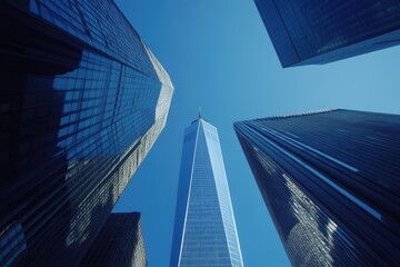 Low-angle view of skyscrapers in a city, bathed in bright sunlight