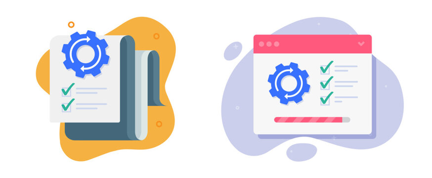 Software web site operation automation version update icon vector, website online application setup graphic illustration set, project plan integration process image clip art