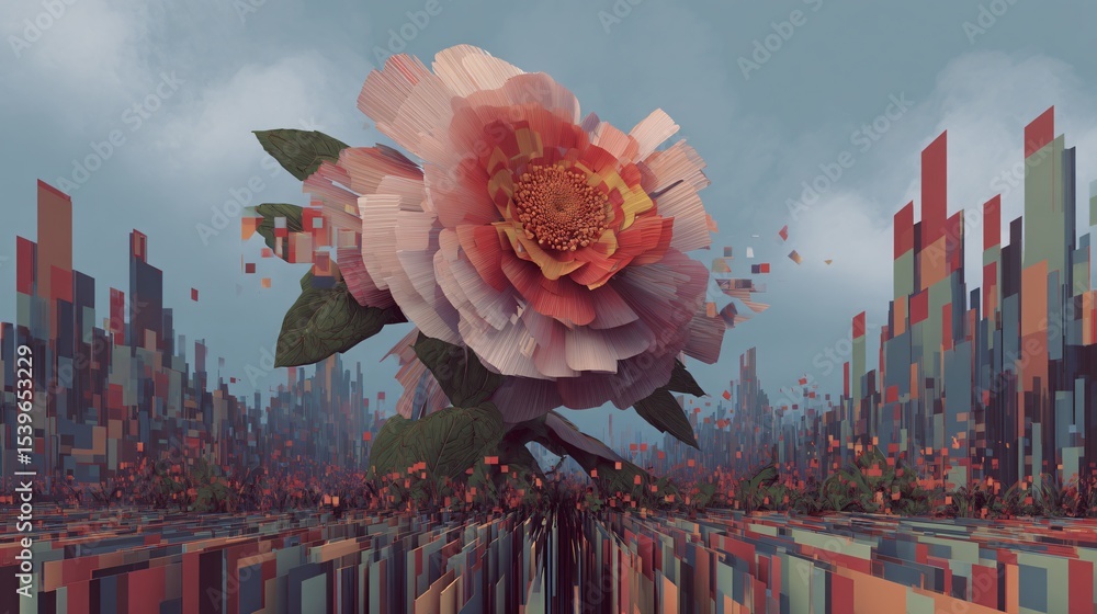 Poster a large abstract flower rises above a sharp geometric landscape in a surreal digital composition.