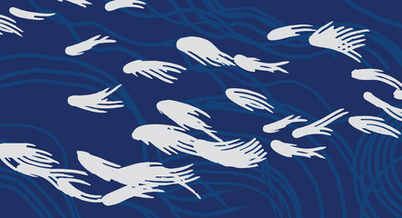 Hand drawn brush lines abstract waves and water with fish pattern, Japanese wood carving, block print texture background in white and blue, simple graphic for textile, carpet, banner