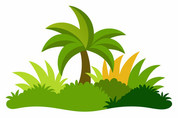 Cartoon palm tree and lush green tropical foliage