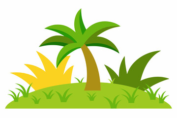 Cartoon palm tree and tropical plants on hill