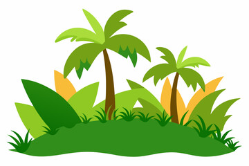 Cartoon tropical island with palm trees and lush greenery