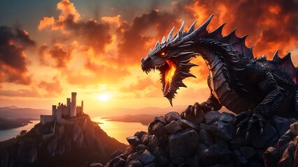 A dragon breathing fire over a medieval kingdom at sunset, fantasy and mythology desktop wallpaper backdrop, cinematic HDR vibrant theme colors, promo movie sales poster banner book cover background