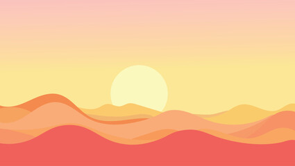 Stylized abstract landscape illustration depicting desert dunes and a vibrant warm sunset or sunrise