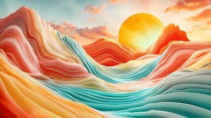 Vintage Mountain Sunset Landscape Illustration
