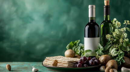 Naklejka premium Passover side view items including a seder plate, matzot, and wine bottle arranged on green backdrop