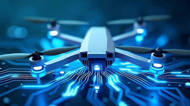 Futuristic drone icon seamlessly integrated into a glowing blue circuit board background, symbolizing next-generation logistics and aerial automation technologies.

