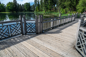 Wooden Bridge over Crystal Springs Lake in Portland, Oregon