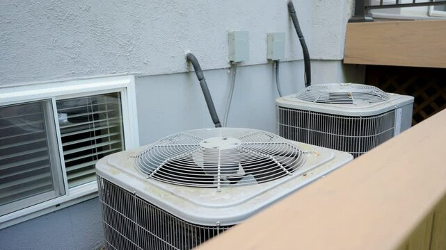 Home HVAC Air Conditioner system outside the house. Move camera shot