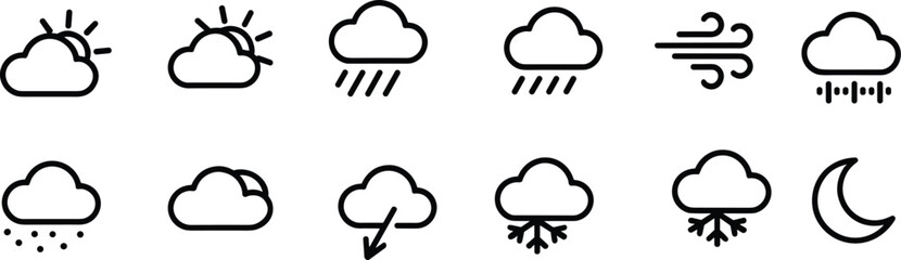 Minimalist Weather Icon Set: Sun, Clouds, Rain, Snow, Wind, and Moon Symbols for Design