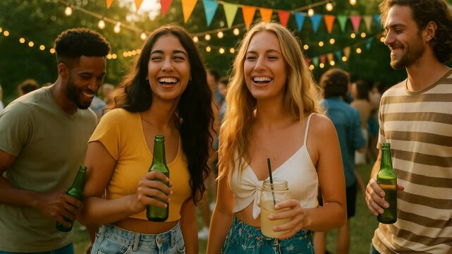A lively outdoor party scene with friends laughing, holding drinks. Shot at eye level, capturing candid joy. Perfect for a summer celebration video.