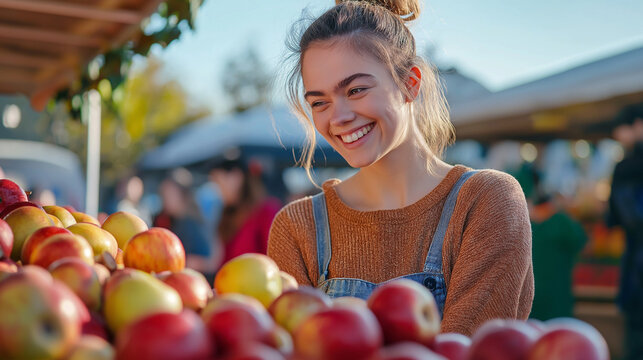 Smiling woman buying apples at outdoor market in sunlight