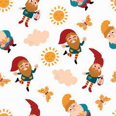 Seamless pattern with gnomes butterflies, clouds and suns. Design for fabric, textile, wallpaper, packaging
