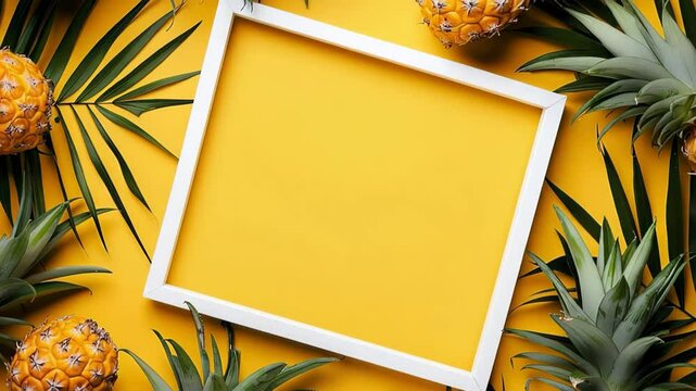 Bright yellow background with pineapples and tropical leaves framing white empty center.