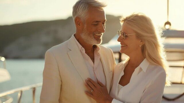 Elegant couple enjoys sunset on yacht, love and luxury concept, warm tones.