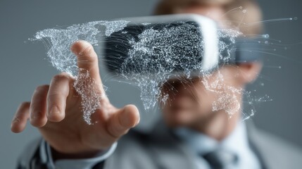 Businessman in VR headset managing global data streams, great for digital transformation concepts