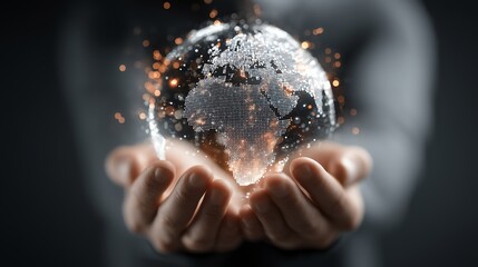 Business professional holding digital globe, global technology growth visualization with clean corporate aesthetic and layout