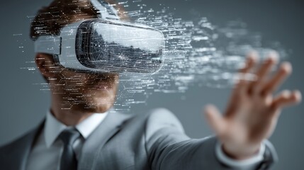 Businessman in VR headset managing global data streams, great for digital transformation concepts
