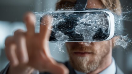 Businessman in VR headset managing global data streams, great for digital transformation concepts