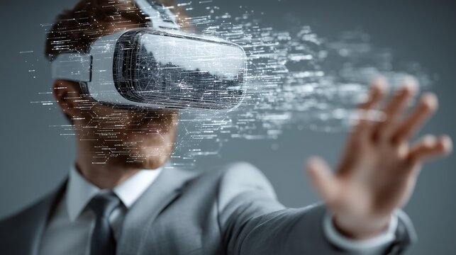 Businessman in VR headset managing global data streams, great for digital transformation concepts