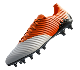 Orange white soccer cleats png 3D render football boots png New soccer cleats studio orange and white soccer boots png isolated on transparent