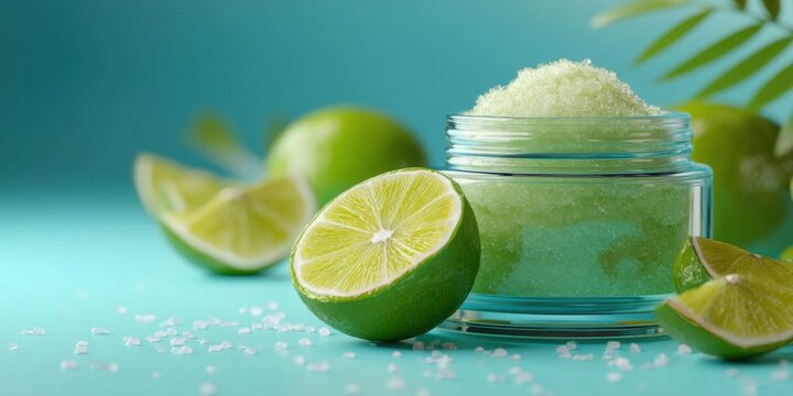 Organic Natural Skin Care Scrub with Lime and Sugar in Jar on Turquoise Background