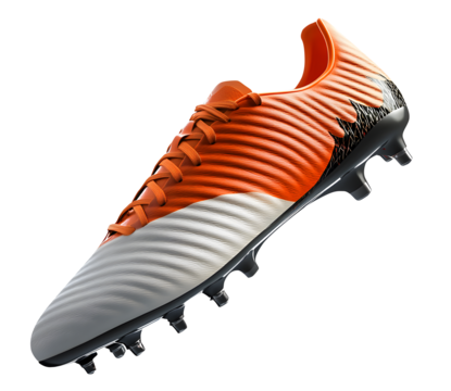 Orange white soccer cleats png 3D render football boots png New soccer cleats studio orange and white soccer boots png isolated on transparent