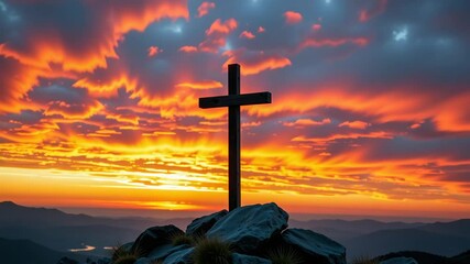 Wooden cross standing on a rocky hilltop at sunset with cloudy sky   - Powered by Adobe
