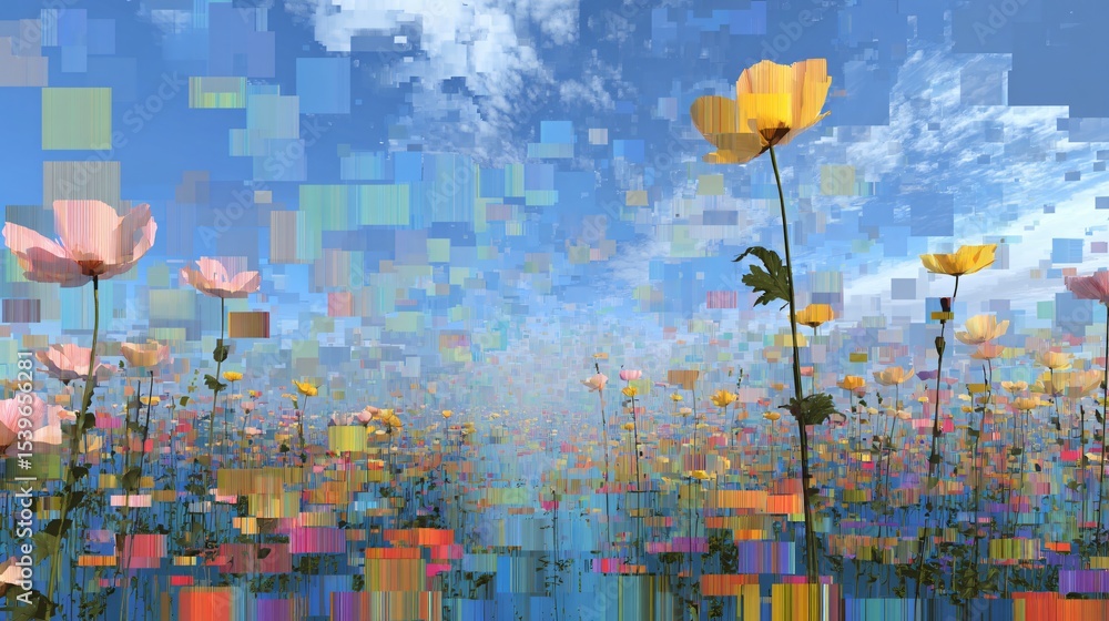 Poster abstract flower field with colorful floating rectangles creates dreamy, pixelated impressionistic