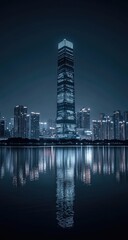 Obraz premium City skyline at night, skyscraper reflection