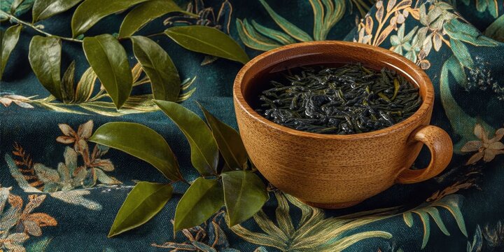 Organic Seaweed Green Tea in Wooden Cup with Decorative Leaves