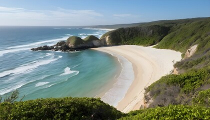 A pristine cove viewed from the right edge of a tall bluff