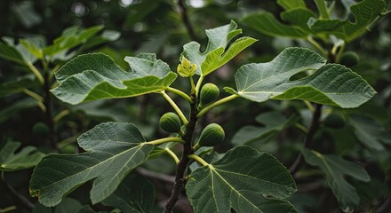 Close-up view of a fig tree branch with green leaves and developing figs in nature