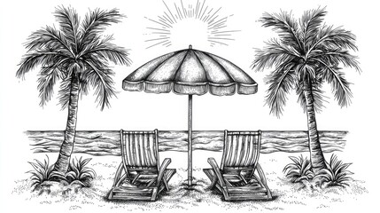 Beach scene with palm trees, umbrella, and chaise lounges.