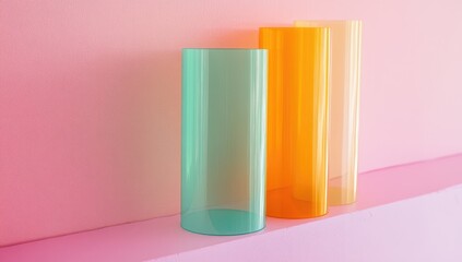 Three translucent, cylindrical objects in pastel colors, arranged vertically, against a pastel pink backdrop