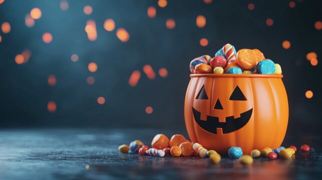 A 3D cartoon pumpkin bucket full of candies