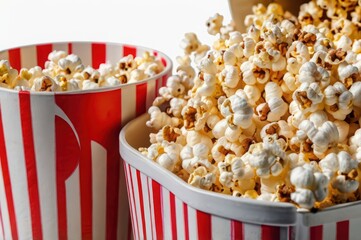 Two buckets of popcorn with red and white striped containers on a white background studio shot view