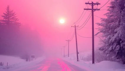 Fototapeten Pink winter sunrise over a snowy road.  Power lines stretch across a misty landscape © Kahartakhassus