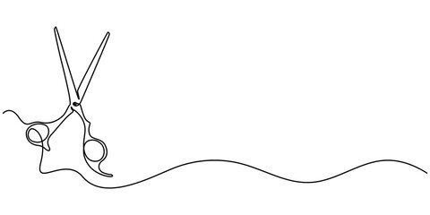 Simple black and white line drawing of scissors.  line icon-continuous line drawing. Editable stroke, Scissors Continuous Line Illustration, hair scissors continuous one line drawing, One continuous