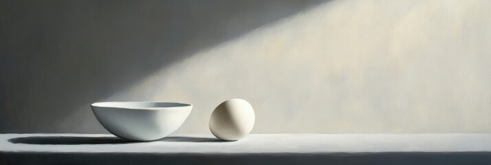 Minimalist scene of an egg and bowl on a table, with the light from behind creating dramatic shadows that accentuate their forms. 