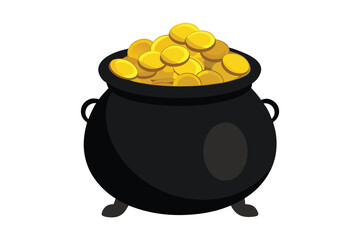 3d render of black pot full of gold coins isolated on white background