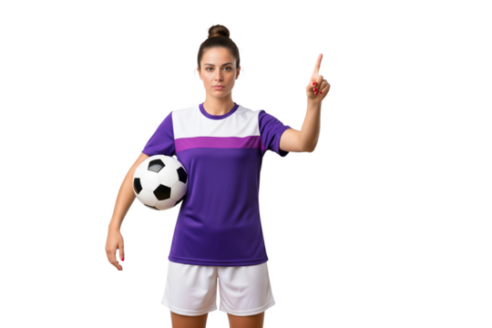 Focused Soccer Player with Ball Pointing Up on Transparent Backdrop