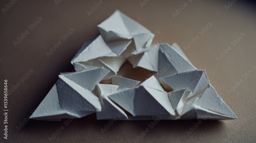 Poster Sharp Triangle Pattern Disrupts Smooth White Surface With Intricate Folds and Overlaps