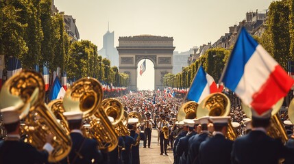 Bastille Day parade with French flags waving proudly and a marching brass band performing in uniform.