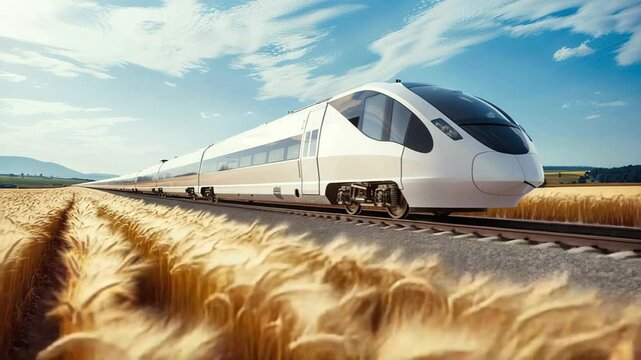 Modern train speeding through golden wheat field under blue sky.