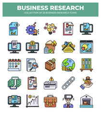 Collection of Business Research Icons: Data Analysis. Market Research. and Financial Reports